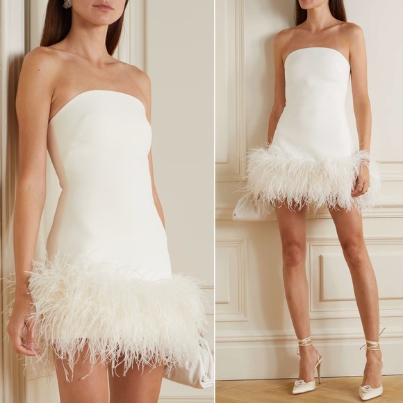 NEW SAFIYAA Rowan Strapless Feather-trimmed Stretch-crepe Mini Dress - Size 10 - Picture 1 of 15
